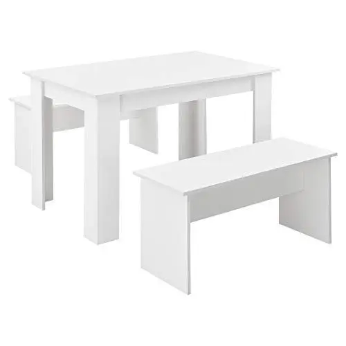 Produktbild: (en.casa) Tisch- und Bank Set 3 teilig Essgruppe für 4 Tisch 110 x 70 cm mit 2 Bänken Tischgruppe Sitzgruppe Weiß