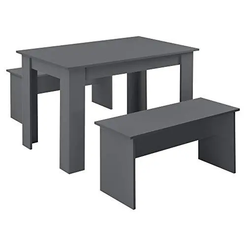 Produktbild: (en.casa) Tisch- und Bank Set 3 teilig Essgruppe für 4 Tisch 110 x 70 cm mit 2 Bänken Tischgruppe Sitzgruppe Grau