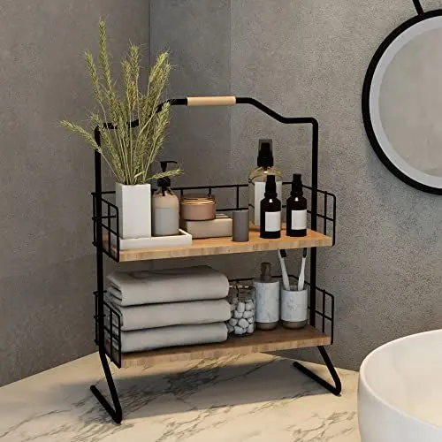 Produktbild: (en.casa) Tischregal Sallingsund Küchenregal mit 2 Ablageflächen Gewürzaufbewahrung 41,5 x 32 x 15 cm Küchen-Organizer Schwarz/Holzfarben