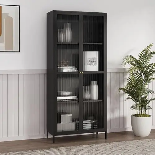 Produktbild: (en.casa) Vitrinenschrank Säkylä Bücherschrank mit 4 Ablagen Küchenschrank mit 2 Türen Schwarz Mehzweckschrank Vitrine Metallschrank 180 x 80 x 35 cm