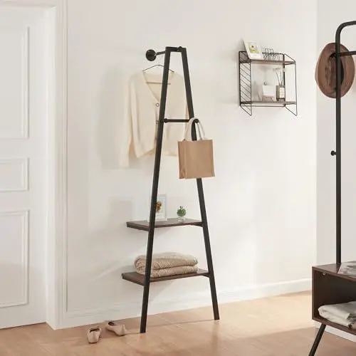 Produktbild: (en.casa) Wandgarderobe Bjørnafjorden Garderobenständer mit einer Kleiderstange 2 Ablagen Flurgarderobe mit 3 Haken Garderobe Metall Schwarz Walnuss-Optik Kleiderständer 174 x 56 x 40 cm