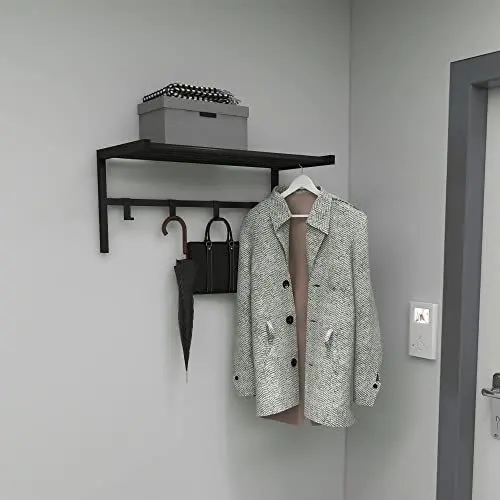 Produktbild: (en.casa) Wandgarderobe Tolga Garderobenhakenleiste mit Hutablage Flurgarderobe Kleiderstange Schwarz Jackenhalter Metall Kleiderhakenleiste