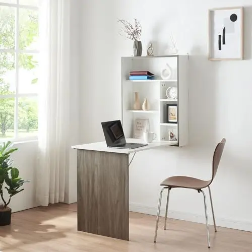 Produktbild: (en.casa) Wandklapptisch Greve Klapptisch ausklappbarer Tisch Wandtisch klappbar mit Stauraum Wandschreibtisch Klappschreibtisch Küchentisch Esstisch Weiß/Holzoptik