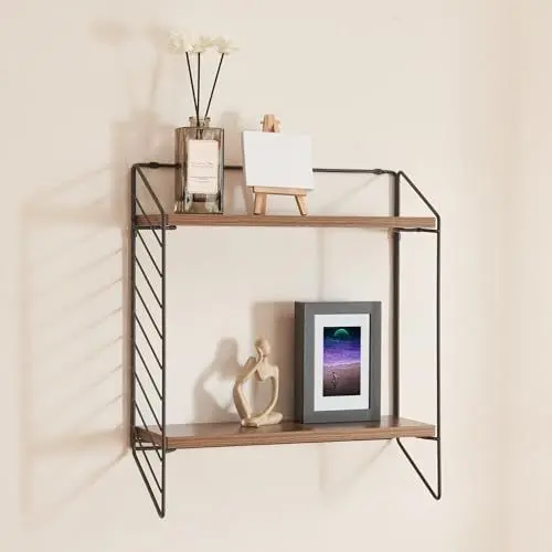 Produktbild: (en.casa) Wandregal Bømlo Wohnzimmerregal mit 2 Ablagen Schweberegal Metallrahmen Hängeregal Wandablage 47,5 x 42 x 14 cm Schwarz Walnuss-Optik