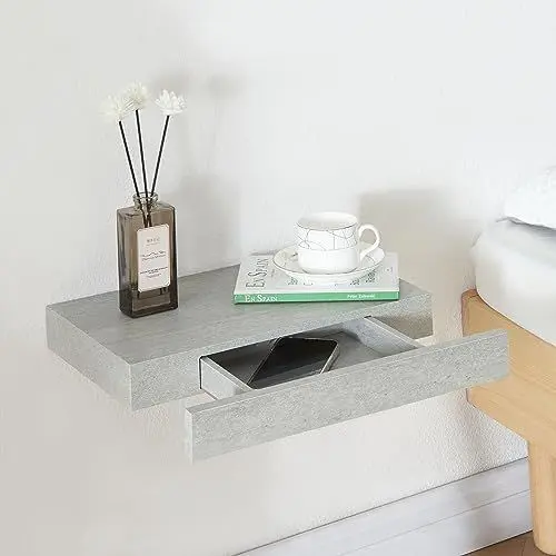 Produktbild: (en.casa) Wandregal Hyvinkää mit Schublade Hängeregal Betonoptik 39,5 x 25 x 5 cm Wandboard