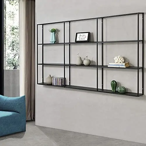 Produktbild: (en.casa) Wandregal Jelsa Schweberegal Wandboard Eisen Industriedesign 160 x 18 x 110 cm Metallregal mit 9 Ablageflächen Schwarz
