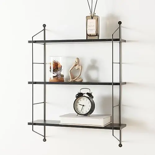 Produktbild: (en.casa) Wandregal Ösel Hängeregal Bücherregal hängend mit 3 Regalböden Marmor-Optik Schwarz Wohnzimmer Regal mit Stahlrahmen Küchenregal