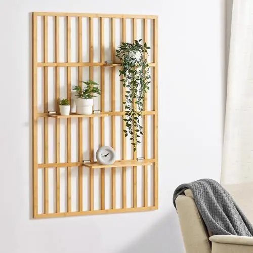 Produktbild: (en.casa) Wandregal Røst Wandpaneel Wandboard mit 3 Regalböden Blumenregal Hängeregal Deko-Wandregal für Wohnzimmer HomeOffice 120x80x13cm Bambus