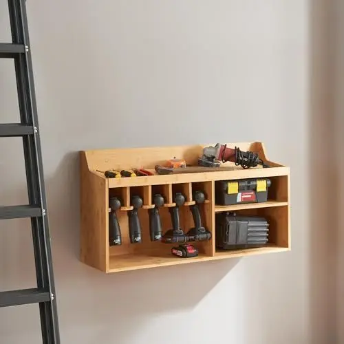 Produktbild: (en.casa) Werkzeug-Organizer Gjemnes Wandregal für Werkstatt mit Halterungen Werkzeugeinrichtung 86 x 25 x 45 cm Bambus Garage Werkzeughalter