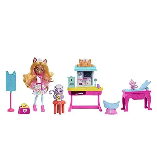 Produktbild: Enchantimals Dr. Carlin Cat Wohlfühl-Arztpraxis - Puppenset mit Behandlungstisch, Arzttasche und Zubehör für Hurdle und Kätzchenfiguren, abnehmbare Kleidung und Stethoskop, ab 4 Jahren, HLH22