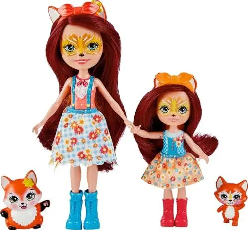 Produktbild: Enchantimals HCF81 - Felicity Fox und kleine Schwester (ca. 15 cm und ca. 10 cm) und 2 Tierfiguren, abnehmbarer Rock und Zubehörteile, tolles Spielzeug Geschenk für Kinder ab 3 Jahren