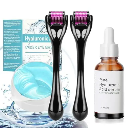 Produktbild: Endim 4 Stück Dermaroller 0,5/1,5mm, mit Hyaluron Serum hochdosiert 30ml, Hyaluronsäure Serum Gesicht & Augenpads 60pcs Eye Pads Hyaluronsäure Collagen Eye Patch