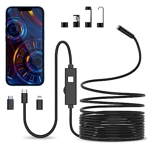 Produktbild: Endoskopkamera mit Licht, 1080P HD Endoskop-Kamera Handy mit Licht Wasserdichtes Ip67 Kein WLAN Erforderlich Inspektionskamera Kanal-kamera Handy mit 8 LED Licht für Android & iOS, Tablet (16.4 ft/5m)