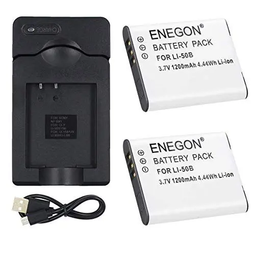 Produktbild: ENEGON 2 Stück Ersatz Li-50B Batterie und Micro USB Ladegerät für Olympus Stylus SZ-10, SZ-12, SZ-15, 1010, 1020, 1030, 9000, 9010, SP-800UZ, SP-810UZ, SP-720UZiHS, VR-340, TG-610