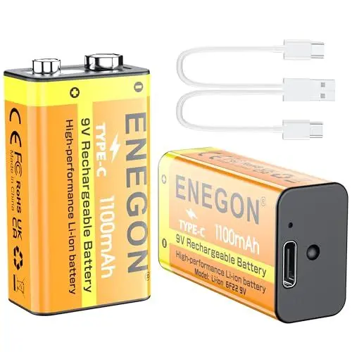 Produktbild: ENEGON 2er-Pack 9V wiederaufladbare Lithium-Batterien, 1100mAh mit USB-C-Schnellladung – Hochleistungs-6F22-Batterien für E-Gitarren, klein LED-Beleuchtungsgeräte, Rauchmelder, Mikrofone
