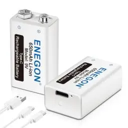 Produktbild: ENEGON 9V Block 650mAh Li-ion 6F22 Wiederaufladbare Batterie mit 2-in-1-Micro-USB-Kabel Ladegerät für Mikrofon, Rauchmelder, elektronisches Spielzeug, Walkie-Talkie und andere Geräte (2 Stück)