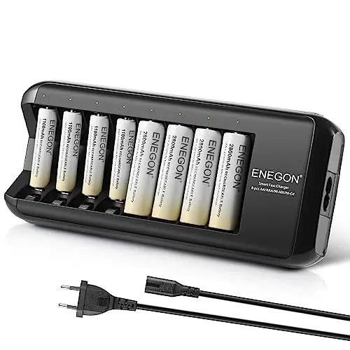 Produktbild: ENEGON Akku Ladegerät (8-Slot) mit 4X 1100mAh AAA & 4X 2800mAh AA Akkus Wiederaufladbar, Hochkapazitäts-AA & AAA Batterieladegerät Schnell Akkuladegerät für AA/AAA NI-Mh Batterien