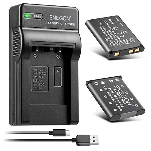 Produktbild: ENEGON Ersatzbatterie (2er Pack) und Rapid Dual Ladegerät für Olympus Li-40B Li-42B Nikon EN-EL10 Fuji NP-45 NP-45S Fujifilm INSTAX Mini 90 und FinePix XP50 XP60 J10 J15 J100 J110w T550 JX500 JX520