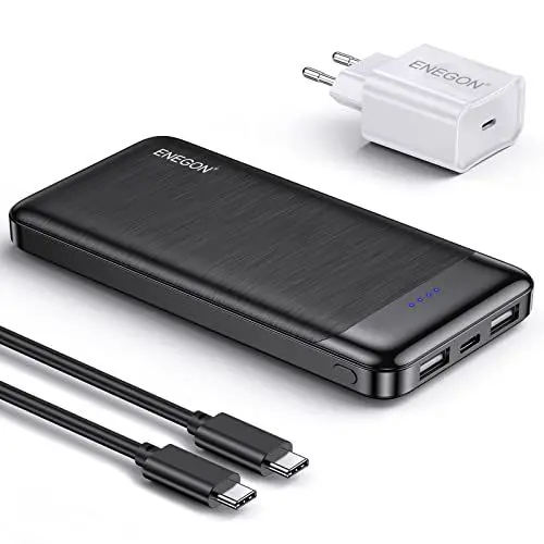 Produktbild: ENEGON Power Bank 10000mAh mit Schnellladefunktion, Powerbank Klein Aber Stark 5V/3A(PD 15W max) inklusive Wandladegerät, Tragbare Powerbank Slim Externer Handyakku für iPhone, Samsung, iPad, Huawei