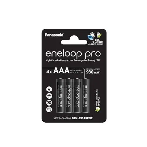Produktbild: eneloop pro, AAA/Micro NI-MH Akku, 4er-Pack, Kapazität mit min. 930 mAh, Ready-to-Use NI-MH Akkus, bis zu 500 Mal wiederaufladbar, plastikfreier Verpackung, pro, schwarz