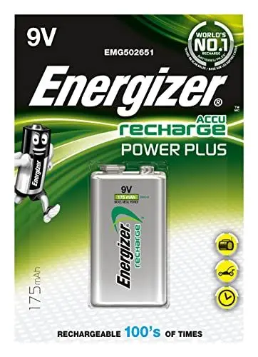Produktbild: Energizer Recharge Power Plus - 9V Blockbatterie wiederaufladbar (1 Stück) - 175 mAh NiMH Akku - Bis zu 3 Jahre nutzbare Batterielebensdauer - geeignet für Rauchmelder, Brand- und Feuermelder