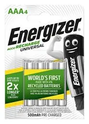 Produktbild: Energizer Recharge Universal - AAA Akkus (4 Stück) - 500 mAh NiMH Batterien - Bis zu 1000 mal wiederaufladbar - voraufgeladen und sofort einsatzbereit - 100% plastikfreie Recycelbar Verpackung