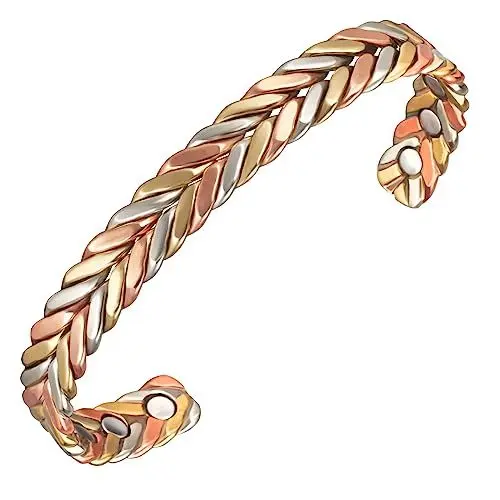 Produktbild: EnerMagiX 6,5'' dreifarbige handgefertigte geflochtene magnetische Kupferarmbänder für Damen oder Herren, Schmuck aus reinem Kupfer
