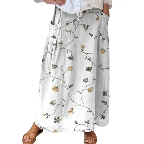 Produktbild: Enge Schwarze Röcke Damenrock aus Leinen mit Taschen und Blumenmuster im -Stil Echtleder (White, L)