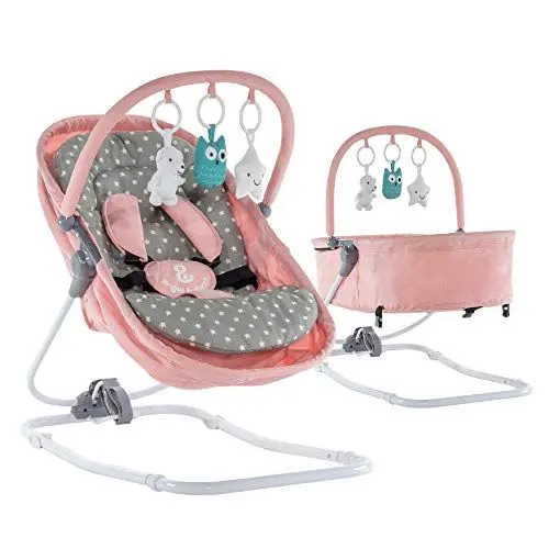 Produktbild: Engel & Storch Babywippe VIGO Baby Schaukelstuhl Babywiege mit abnehmbarem Bezug und Spielebogen - in Pink + Grau