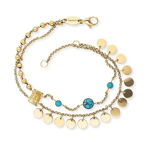 Produktbild: Engelsrufer Damen Armband Boho aus vergoldetem Edelstahl mit drei türkisen Steinen und Lebensbaum Symbol Anhänger - in zwei Längen verstellbar - nickelfrei