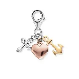 Produktbild: Engelsrufer Damen Charm Anhänger Liebe & Hoffnung aus Sterling Silber - drei Symbole Kreuz, Herz und Anker - dreifarbig silber, gold und roségold - Karabinerverschluss - nickelfrei