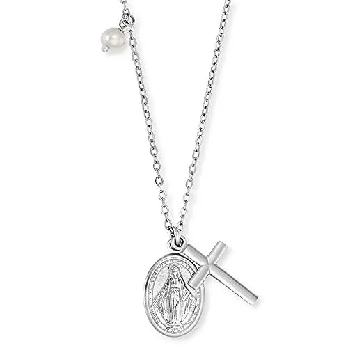 Produktbild: Engelsrufer Damen Halskette aus Sterling Silber mit Kreuz und Maria Symbol und Muschelperlen Anhänger - Karabinerverschluss - in zwei Längen verstellbar - nickelfrei