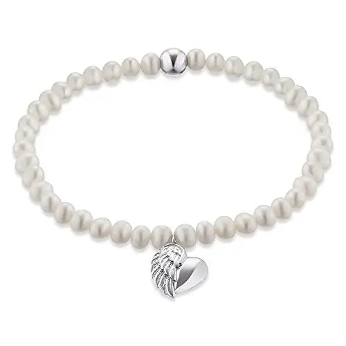 Produktbild: Engelsrufer Damen Stretch-Armband aus Sterling Silber mit Süßwasser-Perlen und Herzflügel-Anhänger, nickelfrei, 17 cm