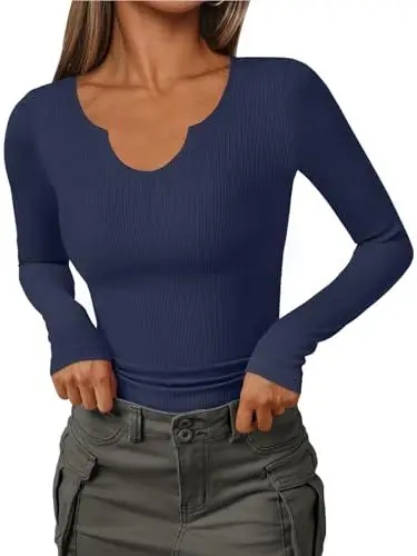 Produktbild: Enges Langarmshirt Damen Sexy U-Ausschnitt Rippstrick Oberteil Einfarbig Basic Shirt Elegant Figurbetont Pullover Navyblau M Größe 38-40