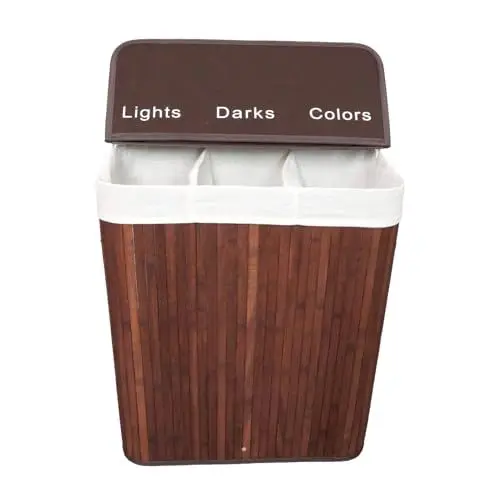 Produktbild: ENGLISH HOME 100L Faltbarer Aus Bambus Wäschekorb mit Deckel 3 Fächer Wäschekorb Weiß Herausnehmbarer Einlage, Wäschekorb für Badezimmer Schlafzimmer 52x32x60 cm Laundry Baskets Braun