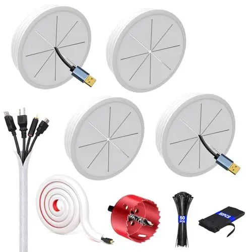 Produktbild: ENGYNC 4 Pack Kabeldurchführung mit Lochsäge 60mm für Wand-TV Schreibtisch Kabeldurchlass Kabelmanagement Set mit 3m Kabelschlauch & 2m Kabelkanal Selbstklebend Weiß für Organisiert Kabel