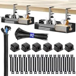 Produktbild: ENGYNC Kabelkanal Schreibtisch Ohne Bohren Schwarz Kabelmanagement- ablage unter dem Schreibtisch Kit 2 Pack 40cm Klemmbar Kabel Organizer Tray Management mit Zubehör für Startseite Büro Zuhause
