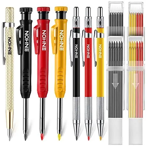 Produktbild: Enhon Tischler Druckbleistifte Set mit Ersatzminen und Karbid Reißnadel, Solider Tieflochmarker Zimmermannsbleistift Markierung Werkzeug mit Eingebautem Anspitzer für Architekt Konstruktion