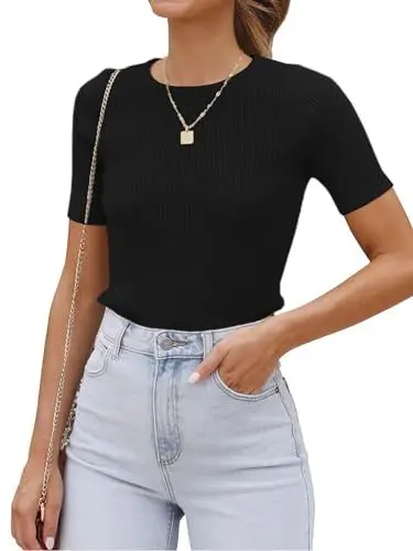 Produktbild: Eniloyal Basic Tshirt Damen Elegant Kurzarm mit Rundhals Ausschnitt Oberteil Business Outfit Eng Shirts Schlanke Passform Schwarz L