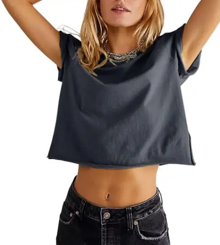 Produktbild: Eniloyal Cropped Shirt Damen Sommer Tshirt Crop Tops T-Shirt Kurzarm Sport Oberteil Bauchfrei Kurz Locker Luftig Baumwolle Dunkelgrau