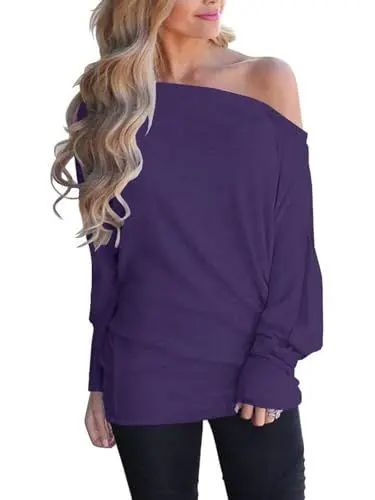 Produktbild: Eniloyal Oversized Tshirt Langarm Pullover Damen Schulterfrei Langarmshirt Sweatshirt Locker Longshirt Elegante Oberteile One Shoulder Herbst Lila L