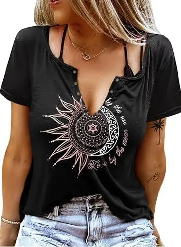 Produktbild: Eniloyal T Shirt Dame V Ausschnitt Sexy Oberteile Sommer mit Aufdruck Elegant Basic Tshirts Locker Schwarz XL