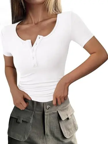 Produktbild: Eniloyal T Shirt Damen V Ausschnitt Gerippt Shirts Eng Slim Kurzarm Ripped Locker Sexy Basic Tshirt Oberteil Elegant Sommer Tops Weiss L