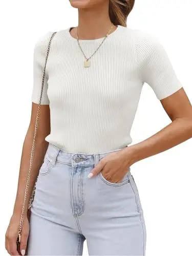 Produktbild: Eniloyal Tshirt Damen Elegant Sommer Basic Oberteile Kurzarm Outfits Arbeitsshirt Leicht Luftig Rippshirt Shirt RIPP Ripped Weiss S