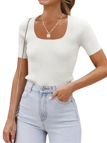 Produktbild: Eniloyal Tshirt Damen Weiss Basic Shirts Enges Elegant Einfarbige T-Shirts Sommer Kurzarm Oberteile Eckiger Ausschnitt Business Outfit Weiß L