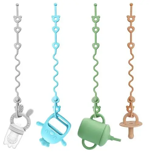 Produktbild: EnixwH 4 Pack Schnullerkette Silikon, Schnullerband Universal, Baby Spielzeug Schnullerkette Silikon Cup Catcher, Spielzeug Sicherheitsgurte Trinkbecher Halteriemen für Kinderwagen Hochstuhl Autositz