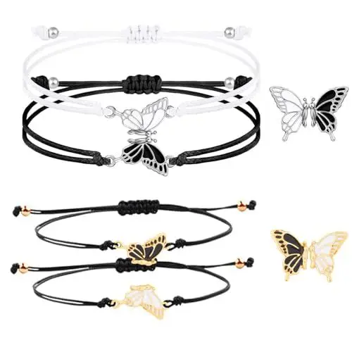 Produktbild: EnixwH 4 Stück Freundschaftsarmbänder, Damen Armbänder für Mädchen, Geflochten Freundschaft Armbänder Verstellbare Freundschaftsarmband, Schmetterlingsarmband für Damen Freunde (Schwarz Weiß)