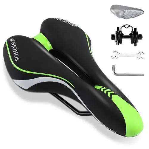 Produktbild: ENJOHOS Fahrradsattel Herren Bequem Gel Fahrrad Sattel Weich Hohl Ergonomisch Fahrradsitz mit Regenschutz für Herren Damen Rennrad MTB Mountainbike E-Bike Rennrad Trekking Fahrrad (Grün)