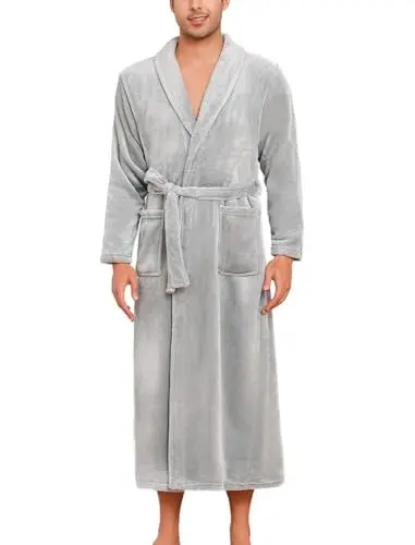 Produktbild: ENJOYNIGHT Bademantel Herren Flauschig Fleece Morgenmantel Kuschelweich Saunamantel Nachtwäsche (Large,Grau)