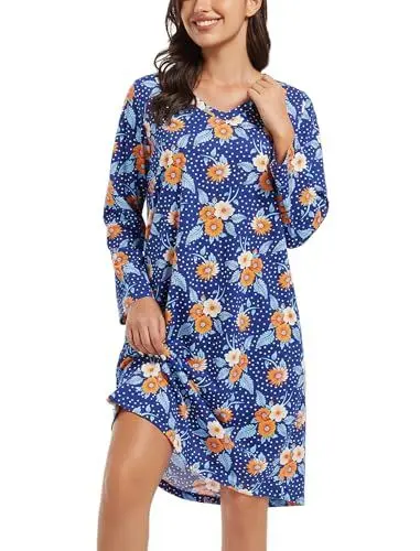 Produktbild: ENJOYNIGHT Damen Nachthemd V-Ausschnitt Baumwolle Schlafshirt Frauen Weiche Schlafhemd Nachtwäsche mit Taschen (XX-Large,Dunkelblaue Blume)